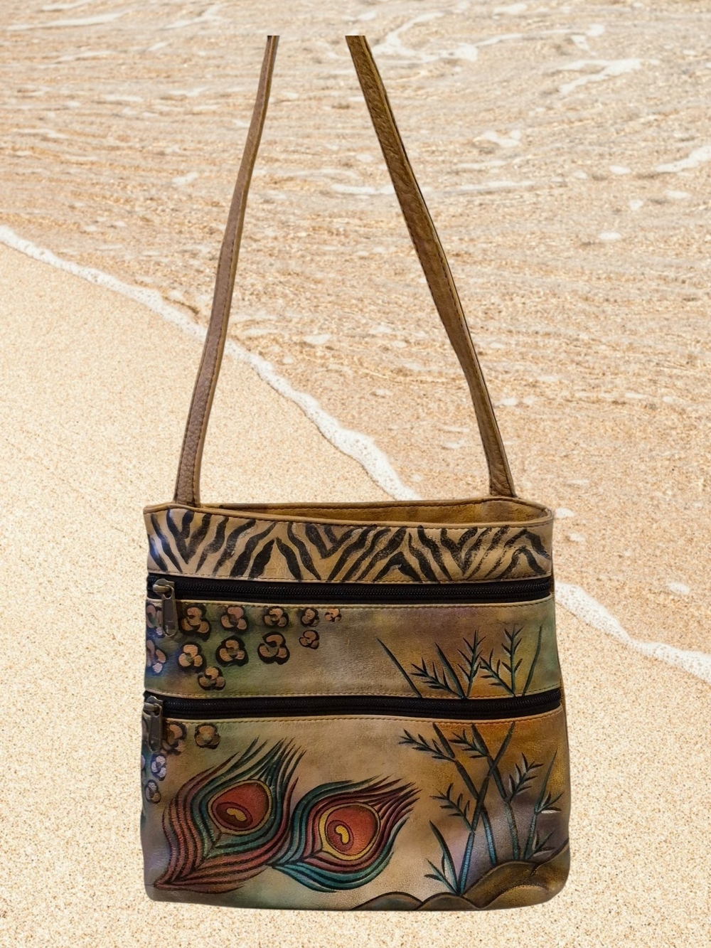 Anuschka Hand Painted Tan Crossbody with Peacock Feather & Zebra Accents